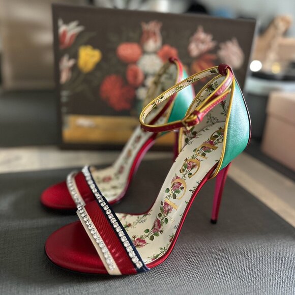 GUCCI Leather Sandal Heels Floral with Crystals — 37.5 — Fall/Winter 2017 - Picture 2 of 8